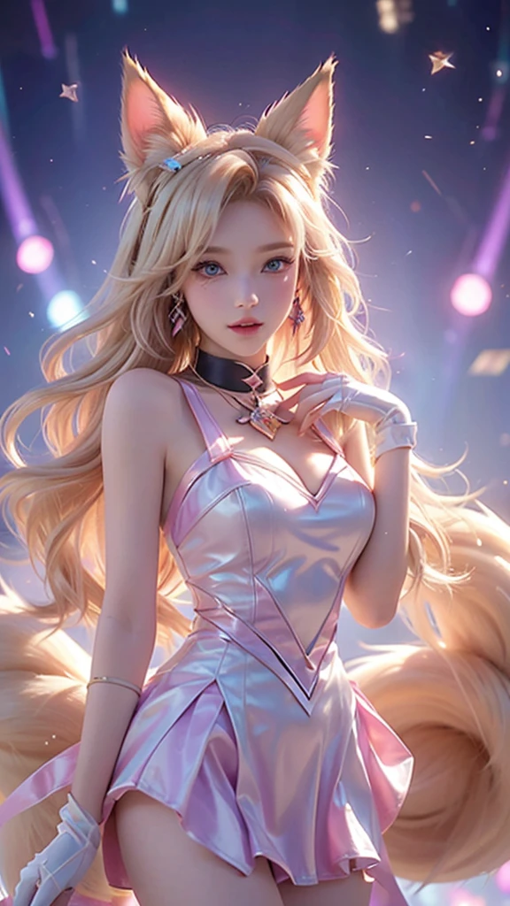 best quality,best quality, 1girl, solo, long hair, breasts, looking at viewer, blue eyes, skirt, blonde hair, gloves, dress, animal ears, bare shoulders, jewelry, medium breasts, earrings, parted lips, fox ears, fox tail, facial mark, multiple tails, whisker markings, purple gloves, pink gloves, ahri \(league of legends\)