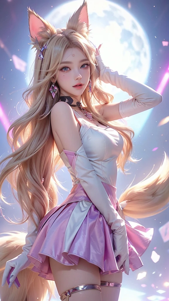 best quality,best quality, 1girl, solo, long hair, breasts, looking at viewer, blue eyes, skirt, blonde hair, gloves, dress, animal ears, bare shoulders, jewelry, medium breasts, earrings, parted lips, fox ears, fox tail, facial mark, multiple tails, whisker markings, purple gloves, pink gloves, ahri \(league of legends\)