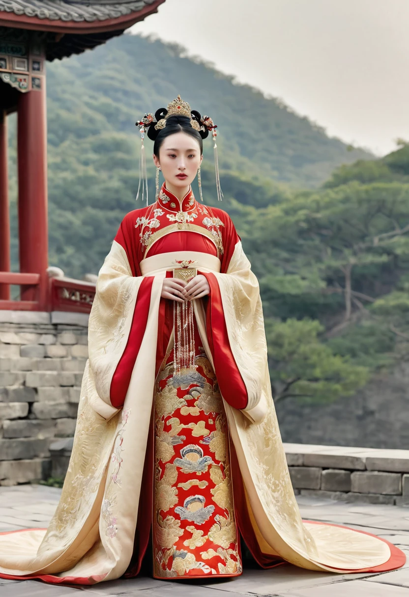 Chinese actress Ruyi Den's Jyou Xun (Zhou Xun) looking like a Qing dynasty empress from the front, full body empress red outfit open and out, large breasts and hairy pussy looking at her　
Standing nude
Qing Dynasty Chinese palace outside stone tatami mats with large crown of Empress of China hairstyle