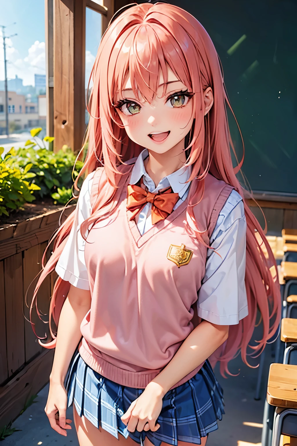 best quality, (masterpiece:1.3), absurdres, highres,16k, ultra high res, official art, illustration,extremely detailed, 1girl, solo, 20yo, 
delicate lines tailed face, (long hair1.2), (straight hair1.8), (beautiful (coral pink) hair:1.2), (shiny hair:1.2), (beautiful (gold) eyes:1.2), (shiny eyes:1.2), (small breasts), (gleaming skin:1.4),
(cowboy shot:1.5)
standing, laugh with open mouth,
(school uniform:1.2), (sweater vest),
classroom, flowerpots
