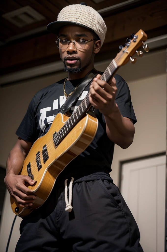 Black man playing instrument 