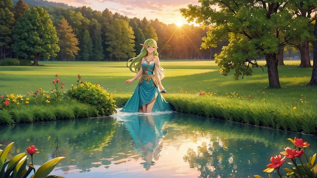 Beautiful elven women bathing and frolicking in a lake surrounded by greenery、sunset、Close-up