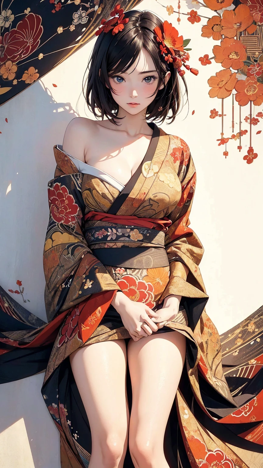 (masterpiece, High resolution, Highest quality), 20-year-old woman, Posing with hands above head, Japanese patterned haori:1.2, Petal Collage, abstract design, artistic juxtapositions, And handle background, warm color, mixed-media approach, Anime Style, Simple lines, Digital Painting,