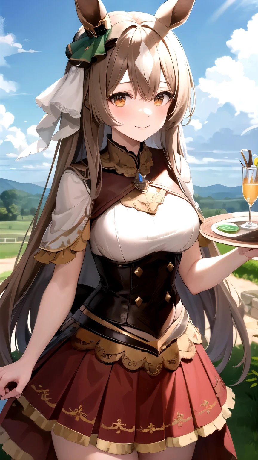 masterpiece, best quality, highres, {{8k}},
BREAK,
aasato, long hair, half updo, braid, hair between eyes, animal ears, ear ornament, medium breasts, plate armor, long red skirt, cowboy shot, shy smile, blush, cute, wide hips, busty,
BREAK,
outdoor, castle,