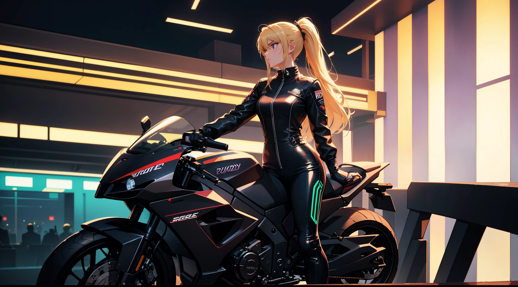 In the dimly-lit, neon-soaked world of 80's synthwave, a stunning blonde woman exudes effortless cool next to her motorcycle. Her long hair pulled back in a sleek ponytail, she dons a form-fitting racing outfit that perfectly complements the retro aesthetic. This scene is captured in a high-quality photograph, showcasing every meticulous detail with crystal clarity. The vibrant colors pop against the dusky backdrop, evoking a sense of nostalgia and style that transports viewers to a bygone era of glamour and speed
