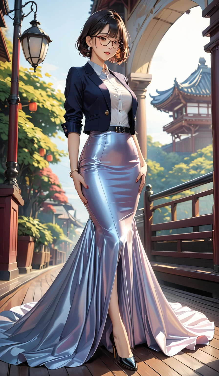 (masterpiece,highest quality,超A high resolution),japanaese girl with short hair (((Very beautiful 35 year old girl))), pretty woman, a woman in the mermaid long train skirt,the skirt is very long, full body, wear sexy blazer, wear sexy blouse, wear glasses,long satin, flowy dramatic long skirt,body height 165, walk fast in ,wear high heels,  masterpice  (Shiny long train dress mermaid-style long skirt 