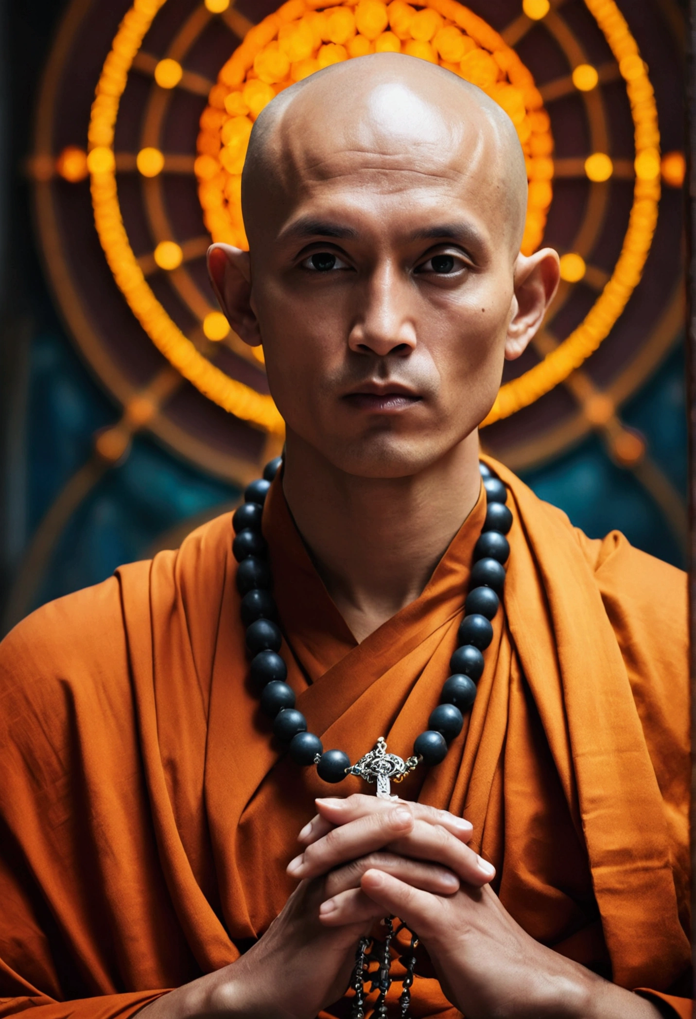 mysterious, fantasy, 1 monk wearing a giant rosary on his chest, beautiful eyes, bald head, sitting in meditation,halo in the back, abstract background