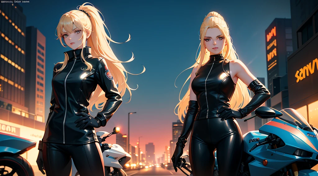 In the dimly-lit, neon-soaked world of 80's synthwave, a stunning blonde woman exudes effortless cool next to her motorcycle. Her long hair pulled back in a sleek ponytail, she dons a form-fitting racing outfit that perfectly complements the retro aesthetic. This scene is captured in a high-quality photograph, showcasing every meticulous detail with crystal clarity. The vibrant colors pop against the dusky backdrop, evoking a sense of nostalgia and style that transports viewers to a bygone era of glamour and speed