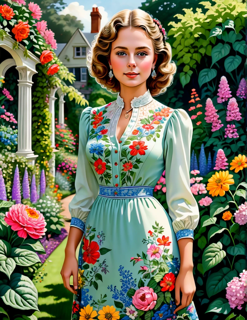 A Portrait of a 24 yo Beautiful Woman [Elizabeth II:Maude Adams:0.45 donning Victorial Casual Dress, she is in her backyard garden with lush vibrant flowers, insanely detailed and intri garden, A Don Lawrence Style Illustration