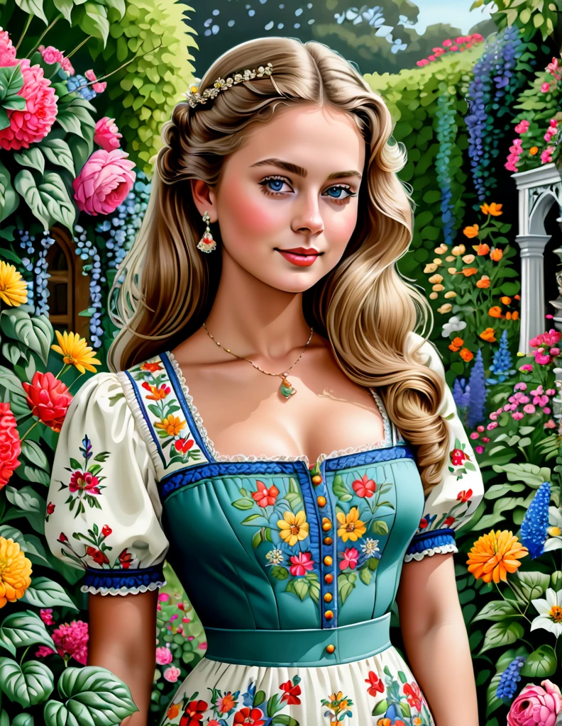 A Portrait of a 24 yo Beautiful Woman [Elizabeth II:Maude Adams:0.45 donning Victorial Casual Dress, she is in her backyard garden with lush vibrant flowers, insanely detailed and intri garden, A Don Lawrence Style Illustration