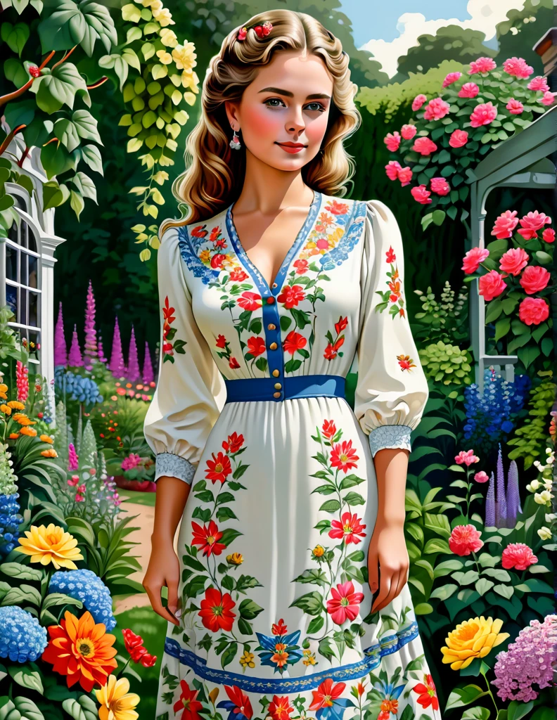A Portrait of a 24 yo Beautiful Woman [Elizabeth II:Maude Adams:0.45 donning Victorial Casual Dress, she is in her backyard garden with lush vibrant flowers, insanely detailed and intri garden, A Don Lawrence Style Illustration