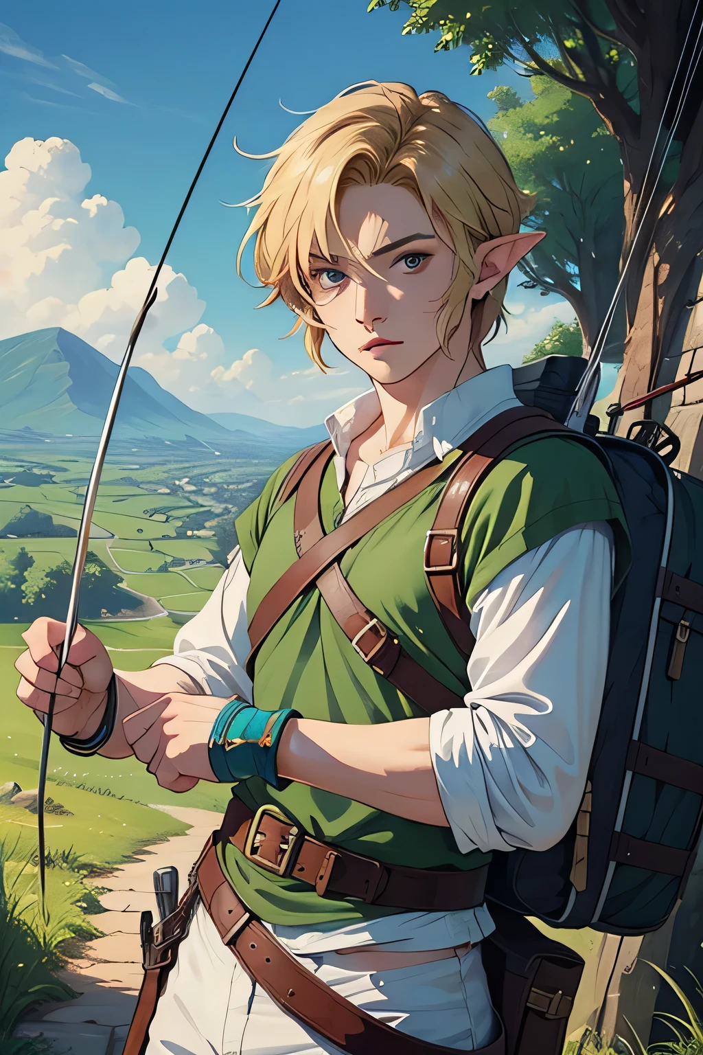 ((Highest quality)), ((masterpiece)), (detailed)
Male, handsome, young man, shota, blonde hair, brave, refreshing, holding a bow, looking ready to fire an arrow, based on Robin Hood and Link from The Legend of Zelda, ears are human, anime touch, blue sky background