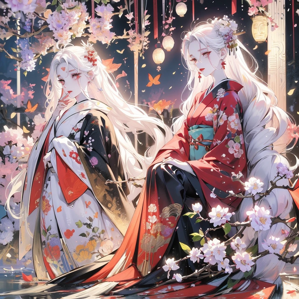 1 girl, long hair, white hair, cute big eyes, wavy hair, pale skin, makeup, red lips, sitting, sitting in field, holding flowers, fullbody, kimono, hanfu, floral print, (Beautifully Aesthetic:1.2),field, hydrangea, peace, tranquility, serenity, petals