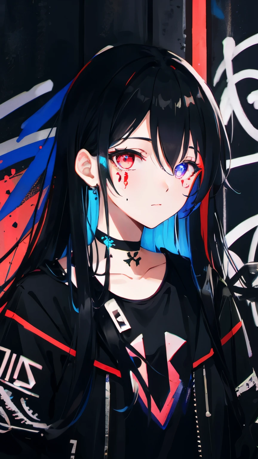 Highest quality, Intricate details, chromatic aberration, 1 girl, Long Hair, Black Hair, Messy Hair, Red highlights, Hair above one eye, Red eyes, Clear Eyes, choker, Neon Shirt, Torn legwear, Open jacket, Against the wall, Brick wall, graffiti, Shineing grafiti, Shineing tattoos, Shine, Neon Light, Black light,