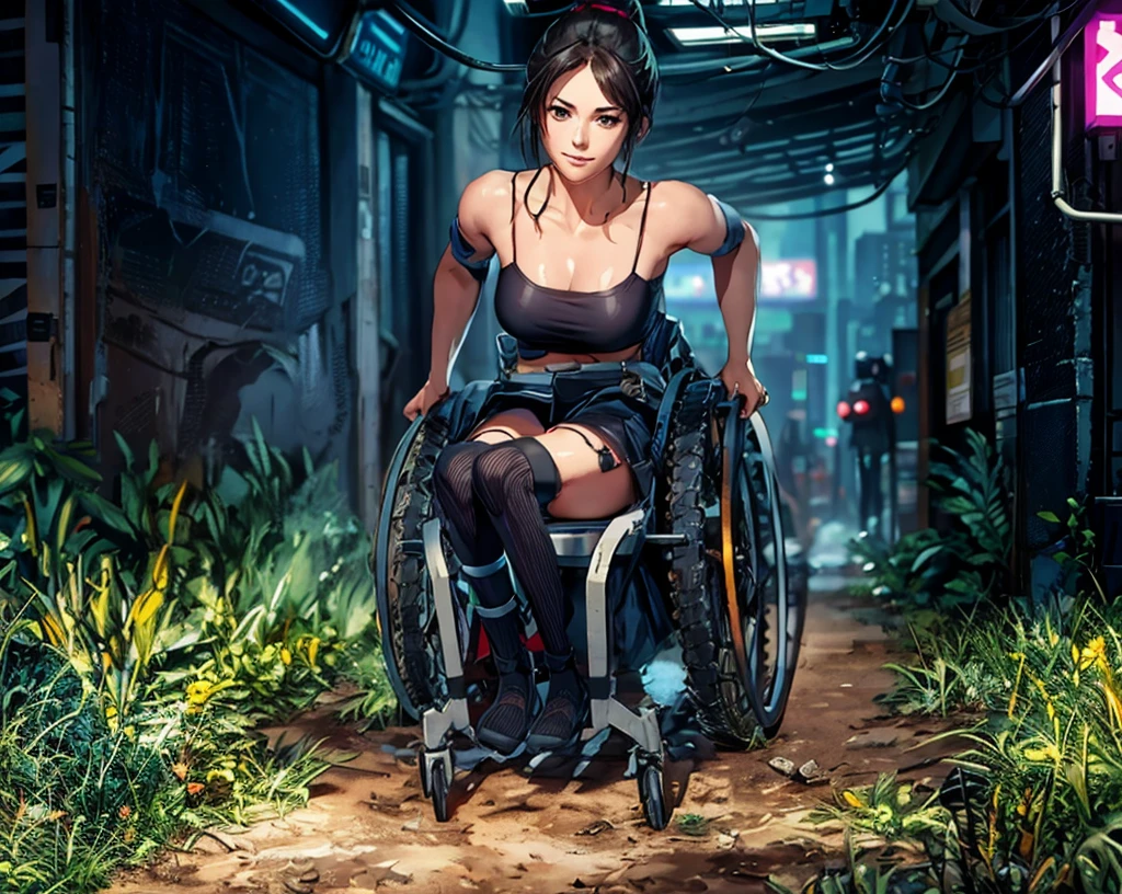 Best Quality, very detailed, highres, full body, BREAK, solo, a girl sitting in a futuristic three wheels seat with foot-rest. She is around a cyberpunk pub.