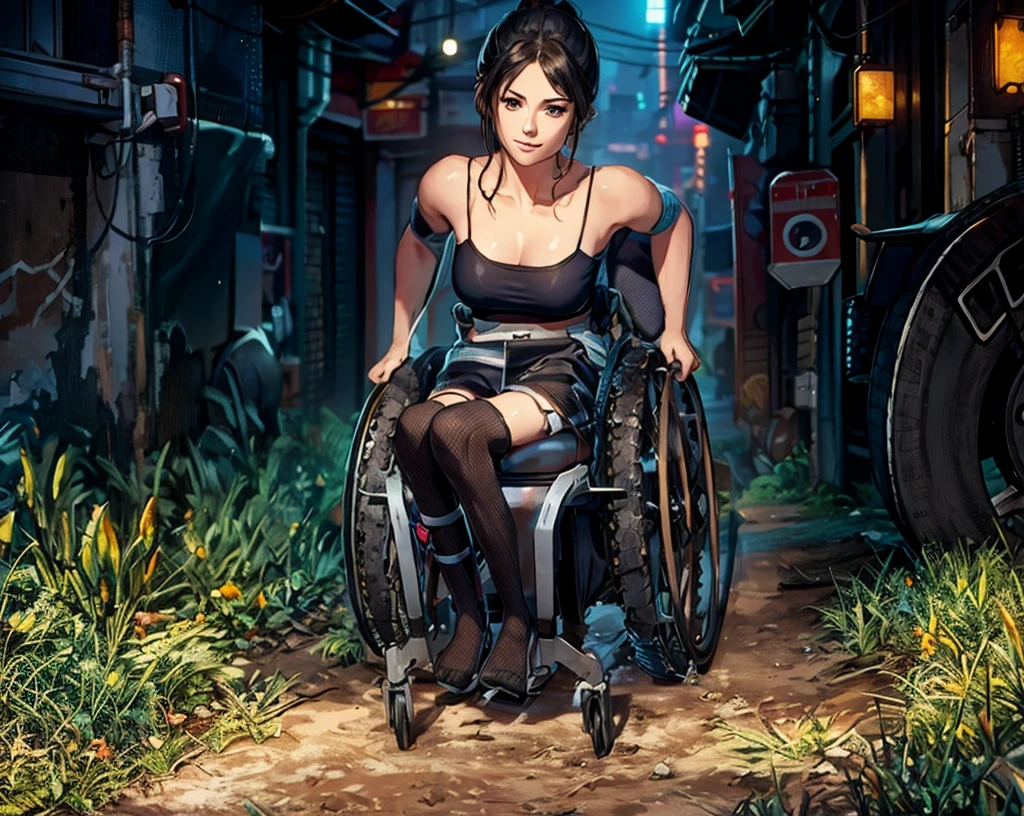 Best Quality, very detailed, highres, full body, BREAK, solo, a girl sitting in a futuristic three wheels seat with foot-rest. She is around a cyberpunk pub.