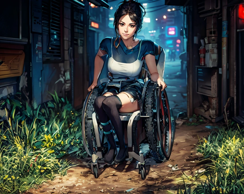 Best Quality, very detailed, highres, full body, BREAK, solo, a girl sitting in a futuristic three wheels seat with foot-rest. She is around a cyberpunk pub.