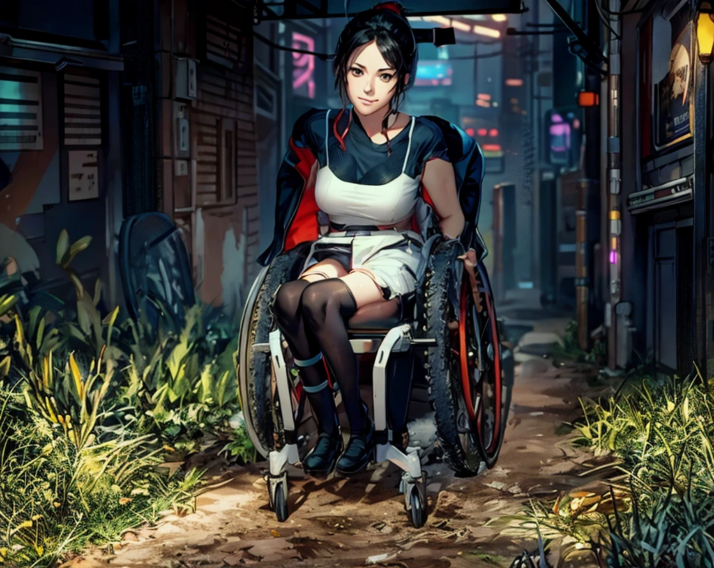 Best Quality, very detailed, highres, full body, BREAK, solo, a girl sitting in a futuristic three wheels seat with foot-rest. She is around a cyberpunk pub.