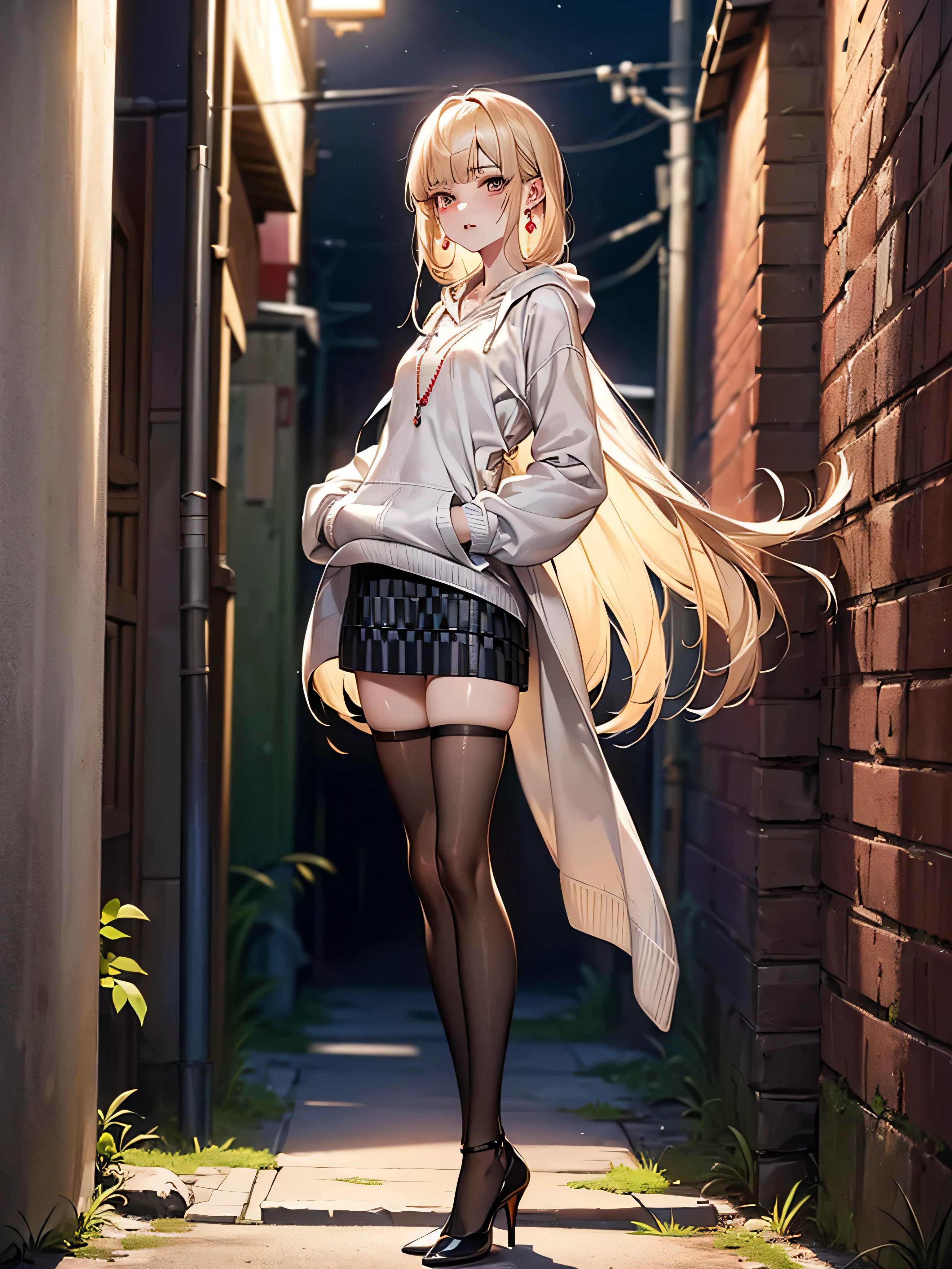 ((Biologically correct limb count))、(( Full-body photo including face))、4K、((Standing position))、masterpiece、((Focus on the face))、((Symmetrical facial features))、, (Natural skin texture, Eye for detailed depiction、 Hyperrealism, Sharpness), (Japanese teen girl in a dirty back alley at night, Put your hands in your pockets, graffitied wall:1.3), ((White hoodie, No sleeve, White jersey pants)), (Flat Chest:1.3, Pale skin:1.2, Slender body), ((Blonde Straight Hair, Blunt bangs)), (Fascinating face, Provocative look, Lips parted:1.3, Sagging under the eyes:1.2, Red thick lips), graffiti:1.5, at night, Upper Body Shot、In a completely different expression。Eye for detailed depiction、Beautiful woman、Excellent style、Beautiful clavicle、Beautiful feet、Beautiful Hands、Slender body、(Small Ass、Thin thighs）、(Striped stockings、High heels）、Detailed depiction of the face、Small earrings、necklace、(Knitted dress、(Checked skirt))、Face close-up、Turn 1&#39;Look Up、Look at me sideways、A bow tie、Nighttime hot springs、Super dense fog、