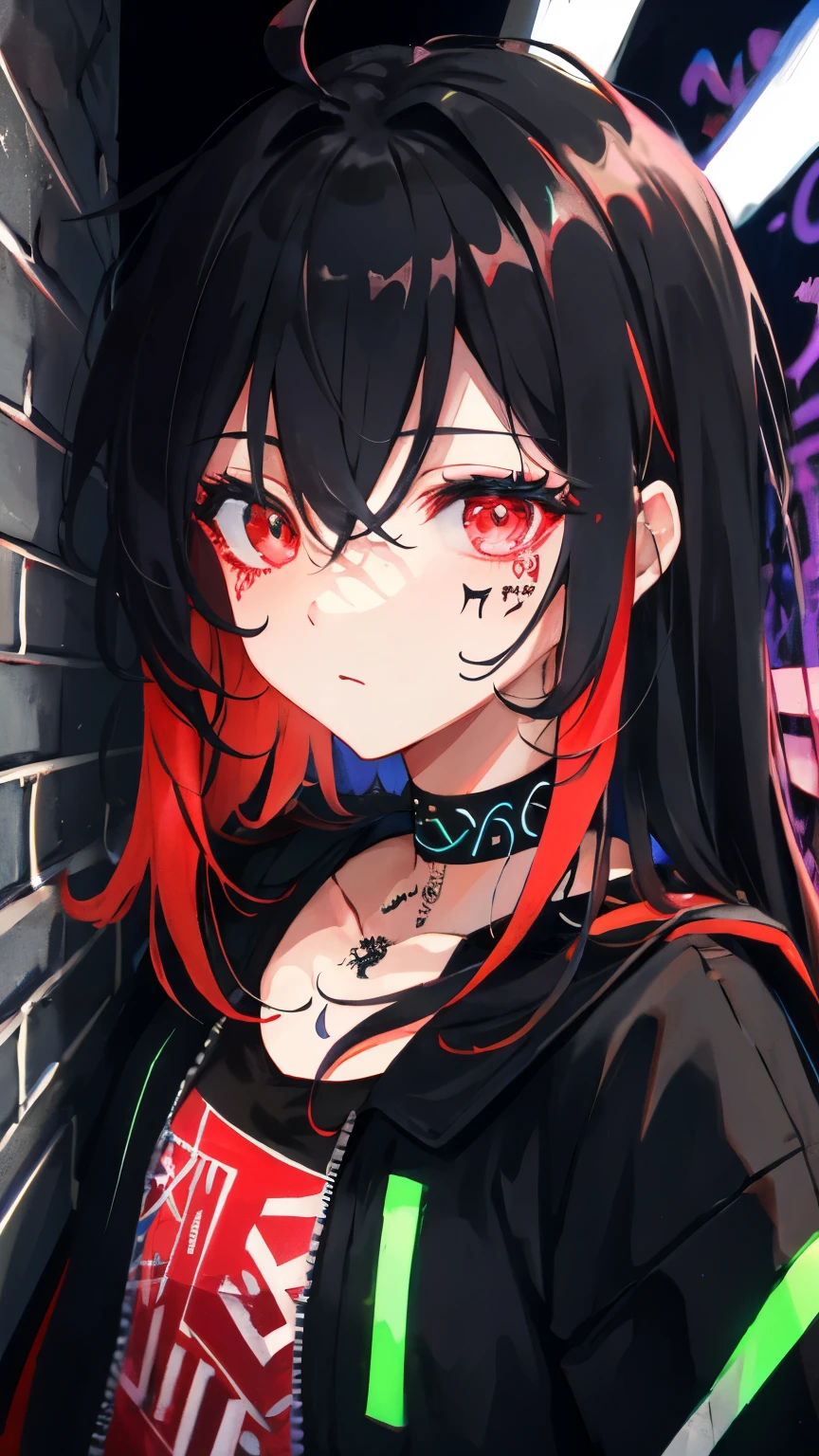 Highest quality, Intricate details, chromatic aberration, 1 girl, Long Hair, Black Hair, Messy Hair, Red highlights, Hair above one eye, Red eyes, Clear Eyes, choker, Neon Shirt, Torn legwear, Open jacket, Against the wall, Brick wall, graffiti, Shineing grafiti, Shineing tattoos, Shine, Neon Light, Black light,  