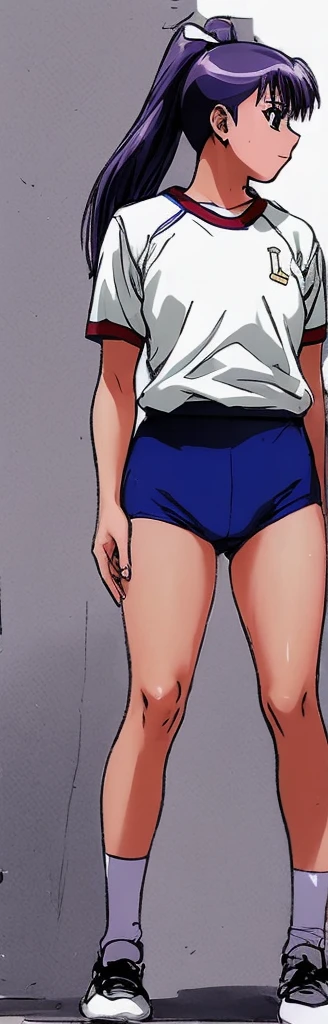Miyanoshita Satsuki, a beautiful girl with black hair in a ponytail, is standing in the schoolyard wearing a white gym uniform and light navy blue bloomers that look like panties.。