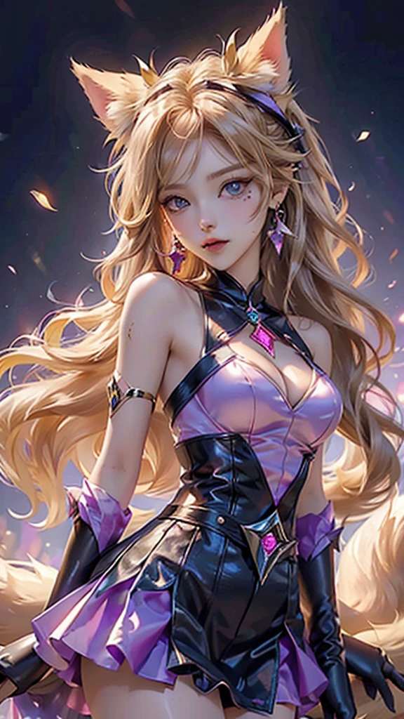 best quality,best quality, 1girl, solo, long hair, breasts, looking at viewer, blue eyes, skirt, blonde hair, gloves, dress, animal ears, bare shoulders, jewelry, medium breasts, earrings, parted lips, fox ears, fox tail, facial mark, multiple tails, whisker markings, purple gloves, pink gloves, ahri \(league of legends\)