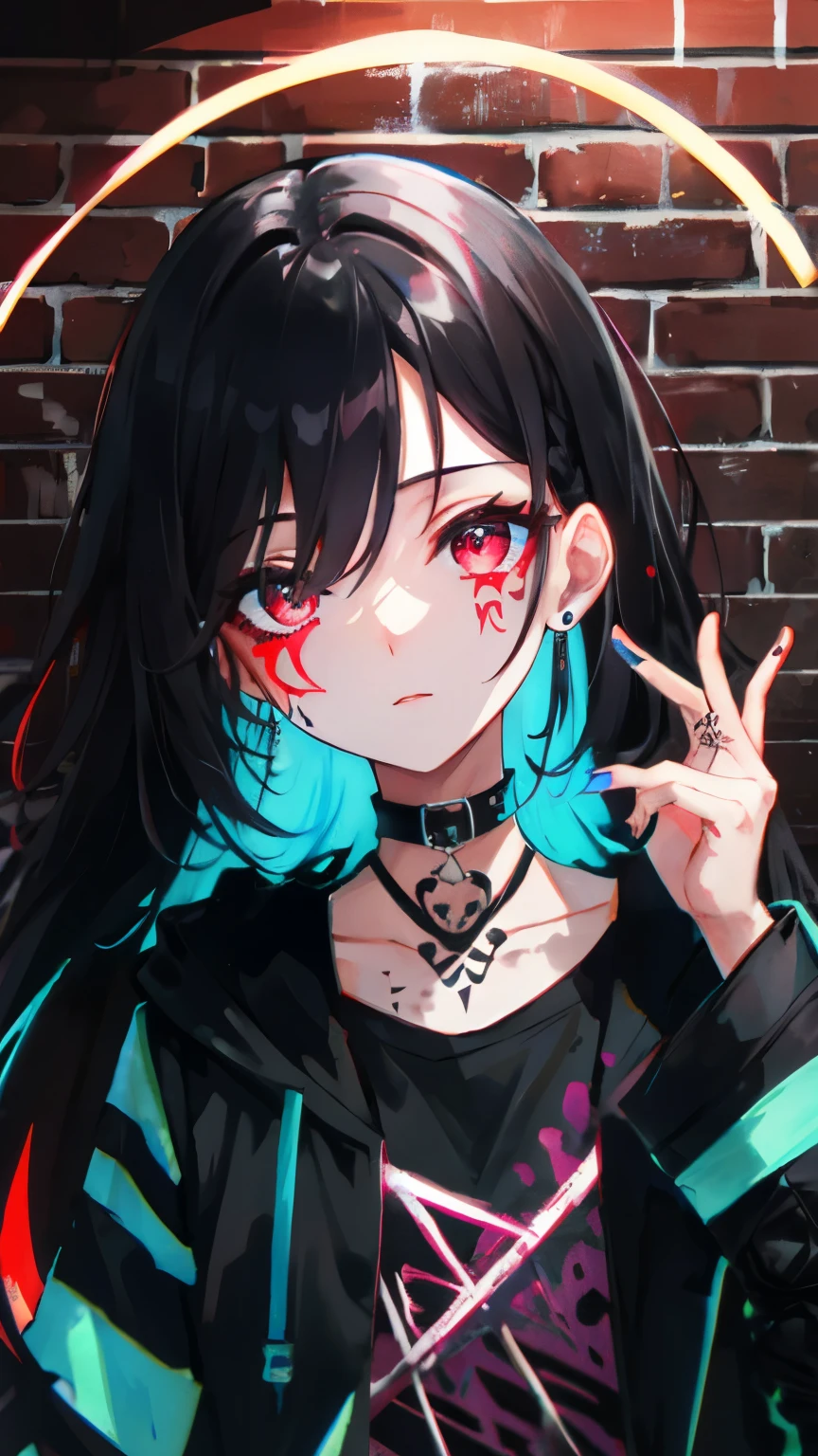 Highest quality, Intricate details, chromatic aberration, 1 girl, Long Hair, Black Hair, Messy Hair, Red highlights, Hair above one eye, Red eyes, Clear Eyes, choker, Neon Shirt, Torn legwear, Open jacket, Against the wall, Brick wall, graffiti, Shineing grafiti, Shineing tattoos, Shine, Neon Light, Black light,  