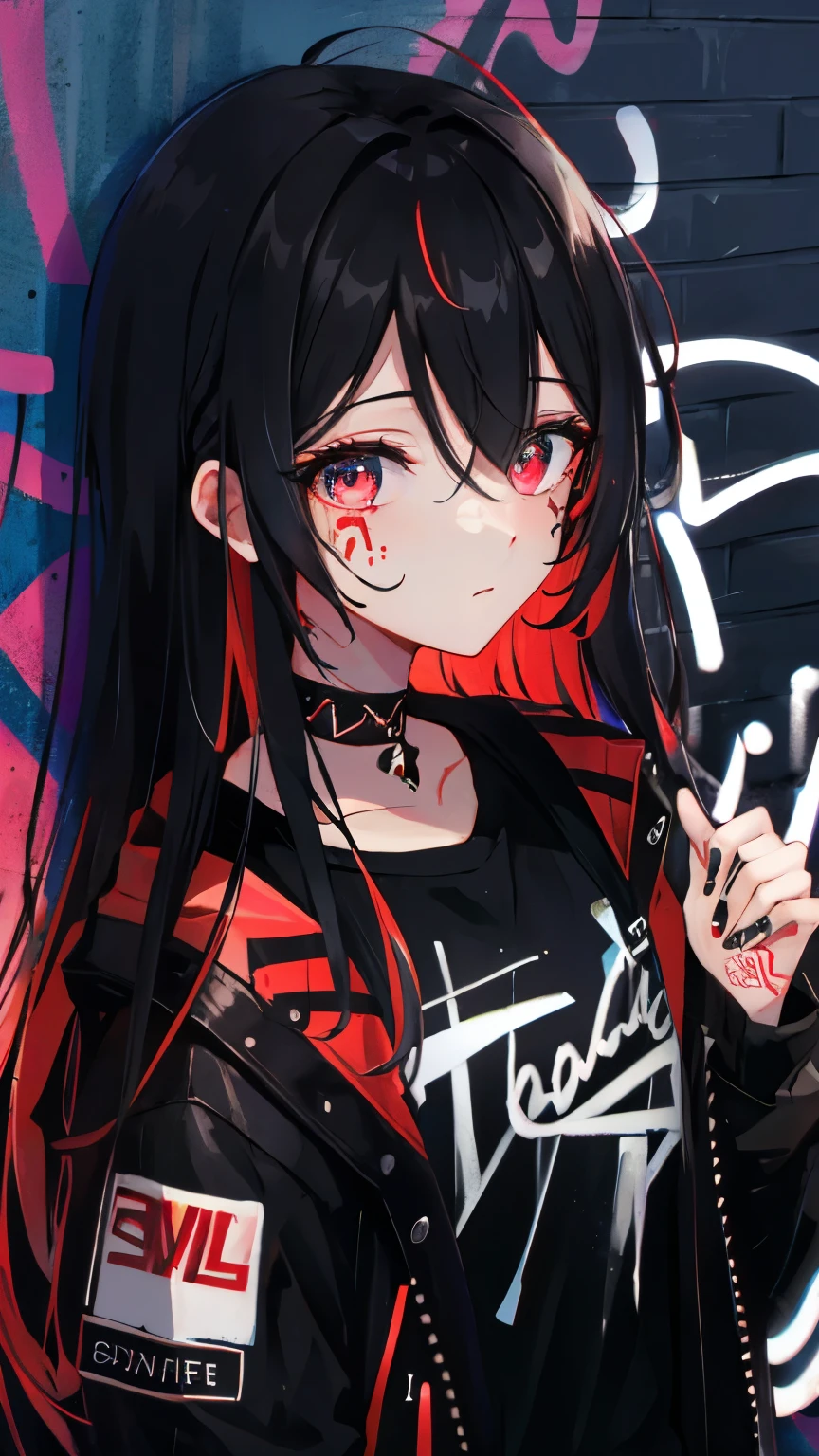 Highest quality, Intricate details, chromatic aberration, 1 girl, Long Hair, Black Hair, Messy Hair, Red highlights, Hair above one eye, Red eyes, Clear Eyes, choker, Neon Shirt, Torn legwear, Open jacket, Against the wall, Brick wall, graffiti, Shineing grafiti, Shineing tattoos, Shine, Neon Light, Black light,  