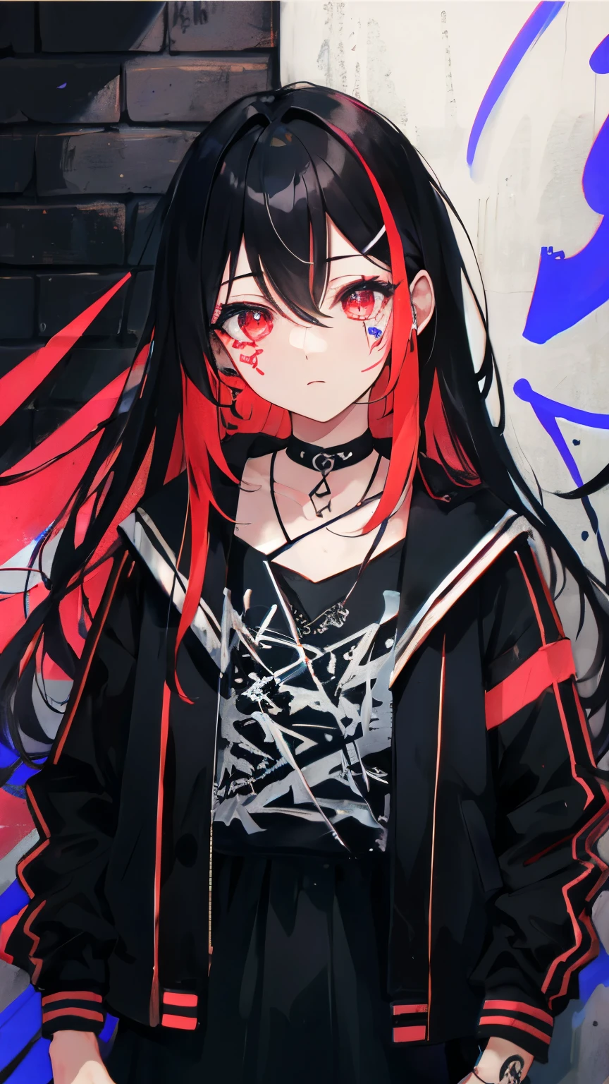 Highest quality, Intricate details, chromatic aberration, 1 girl, Long Hair, Black Hair, Messy Hair, Red highlights, Hair above one eye, Red eyes, Clear Eyes, choker, Neon Shirt, Torn legwear, Open jacket, Against the wall, Brick wall, graffiti, Shineing grafiti, Shineing tattoos, Shine, Neon Light, Black light,