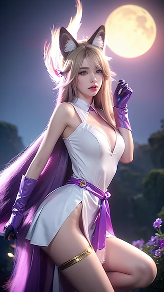 best quality,best quality, 1girl, solo, long hair, , looking at viewer, blue eyes, skirt, blonde hair, gloves, dress, animal ears, bare shoulders, jewelry, medium breastsngs, parted lips, fox ears, fox tail, facial mark, multiple tails, whisker markings, purple gloves, pink gloves, ahri \(league of legends\)