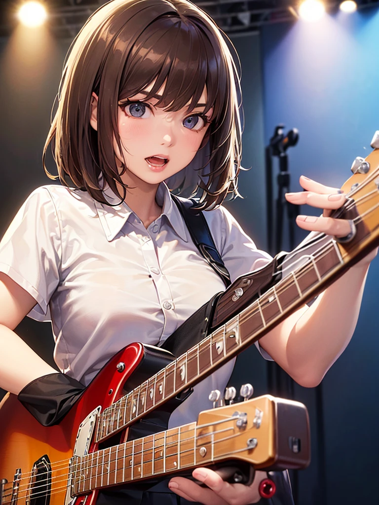 (Highest quality、8k、32K、masterpiece)、(Realistic)、(Realistic:1.2)、(High resolution)、Very detailed、Very beautiful face and eyes、(((Women's Solo Shot)))、Tight waist、(Highest quality、Attention to detail、Rich skin detail)、(Highest quality、8k、Oil paints:1.2)、(Realistic、Realistic:1.37)、Bright colors、(((Cowboy Shot)))、(((Bob Hair)))、(((Medium Hair)))、(((Have a serious face.)))、((Singing passionately))、(((Brown Hair)))、((Collared short-sleeved shirt, Checked shirt, Red and white shirt、 Black pleated skirt, mini skirt), )、(((Large crowd)))、(((Band performance)))、(((Inside the live house)))、(((Teeth are visible)))、(((She is a guitarist)))、((Waiting for the guitar))、(((Playing guitar)))