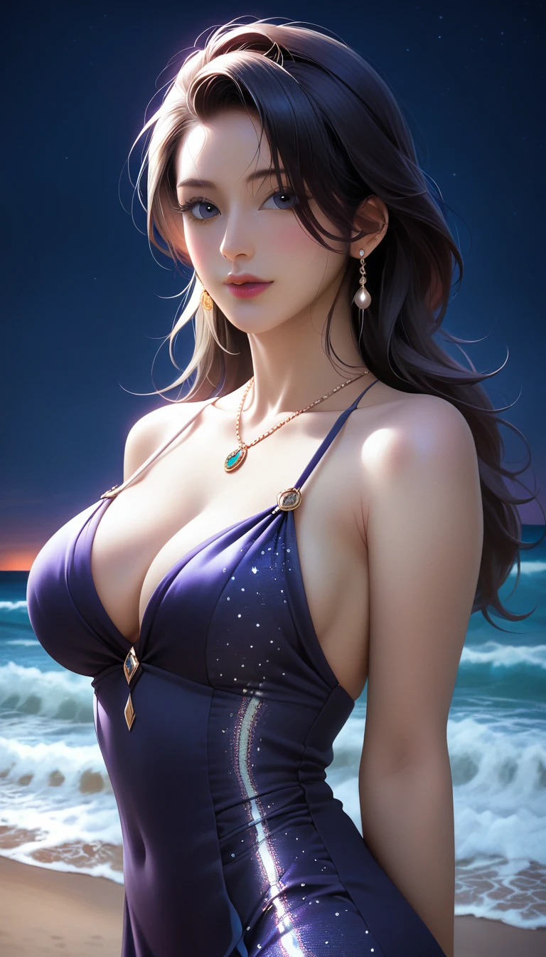 score_9, score_8_superior, score_7_superior, Masterpieces with up to 16K resolution,Highest quality,it is really amazing,Very detailed,Ultra-high resolution,(Ultra-realistic:1.1),(Realistic:1.1),Increased depth of field,Cinematic lighting,
Elegant Japanese MILF,
Long black hair,Ultra-detailed and beautiful faces,Translucent white skin,Very detailedな肌,
(Elegant resort dresses:1.1),
Bold design,Artistic design,Beautiful and detailed pattern,Detailed fabric texture,
Gorgeous necklace,Earrings,
(Bali Beach:1.1),(Dark beach at night:1.1),(Deserted beach:1.1),(A pitch black night sky with dark clouds:1.1),
(Cinematic Angle:1.2),