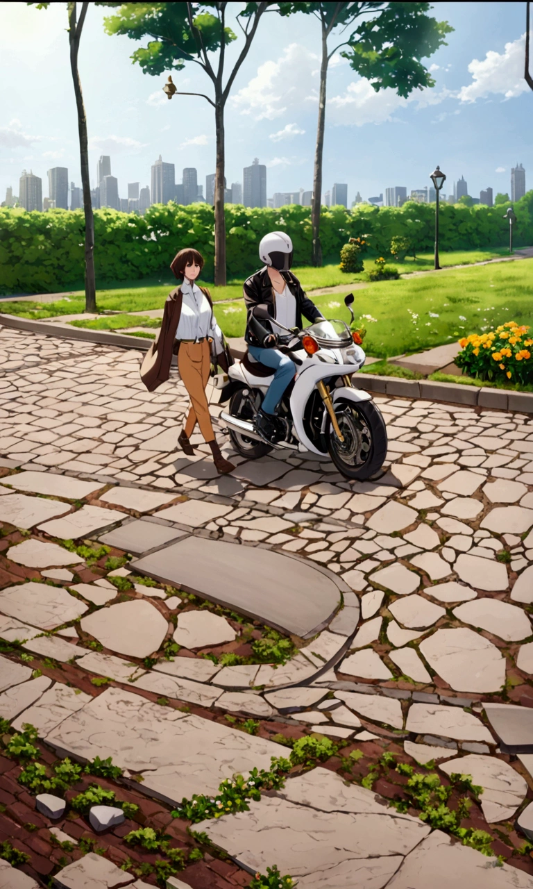 image with anime quality, on a wide, paved street in the city, a biker on a motorcycle and a pedestrian walking, sidewalk on the right and aligned with the paved street, sidewalk follows the curvature of the street, garden on the right side of the sidewalk,