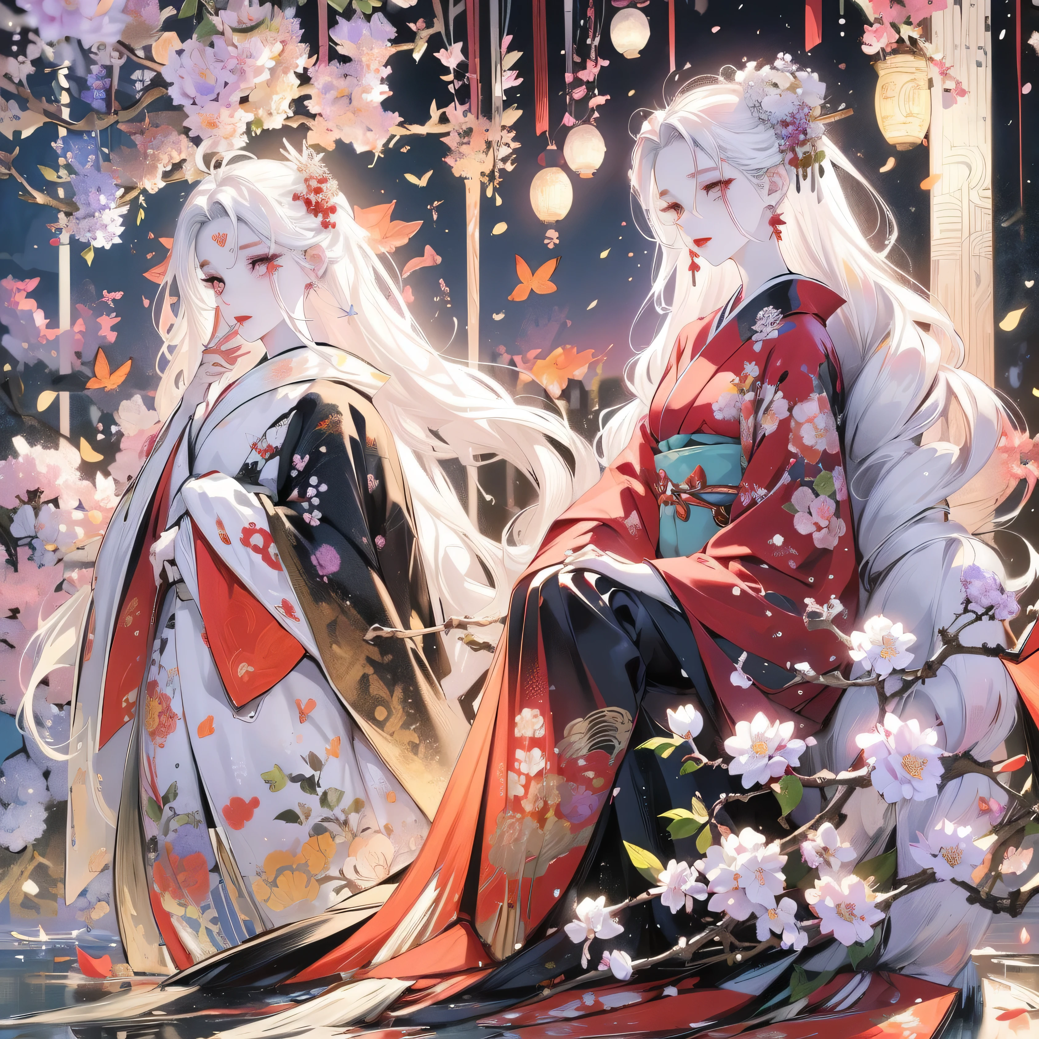 1 girl, long hair, white hair, cute big eyes, wavy hair, pale skin, makeup, red lips, sitting,  sitting in field, holding flowers, fullbody, kimono, hanfu, floral print, (Beautifully Aesthetic:1.2),field, hydrangea, peace, tranquility, serenity, petals