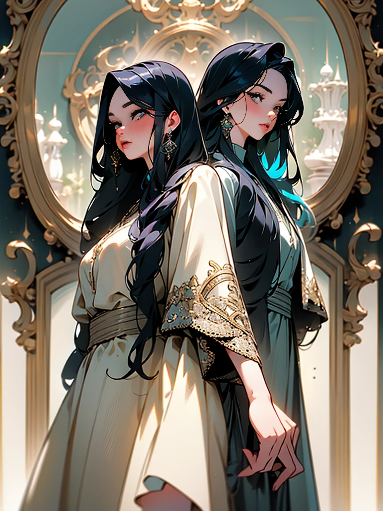 2girls, long hair, detailed face, beautiful detailed eyes, beautiful detailed lips, extremely detailed face, long eyelashes, two girls, long dress, black hair, standing in front of a mirror, high detail, 8k, best quality, masterpiece, photorealistic, hyperrealistic, ultra-detailed, physically-based rendering, vivid colors, studio lighting