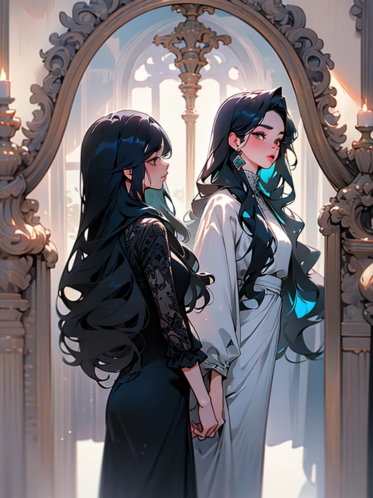 2girls, long hair, detailed face, beautiful detailed eyes, beautiful detailed lips, extremely detailed face, long eyelashes, two girls, long dress, black hair, standing in front of a mirror, high detail, 8k, best quality, masterpiece, photorealistic, hyperrealistic, ultra-detailed, physically-based rendering, vivid colors, studio lighting