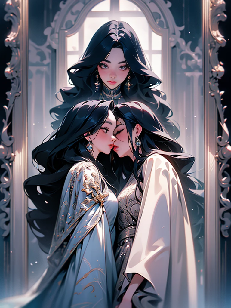 2girls, long hair, detailed face, beautiful detailed eyes, beautiful detailed lips, extremely detailed face, long eyelashes, two girls, long dress, black hair, standing in front of a mirror, high detail, 8k, best quality, masterpiece, photorealistic, hyperrealistic, ultra-detailed, physically-based rendering, vivid colors, studio lighting