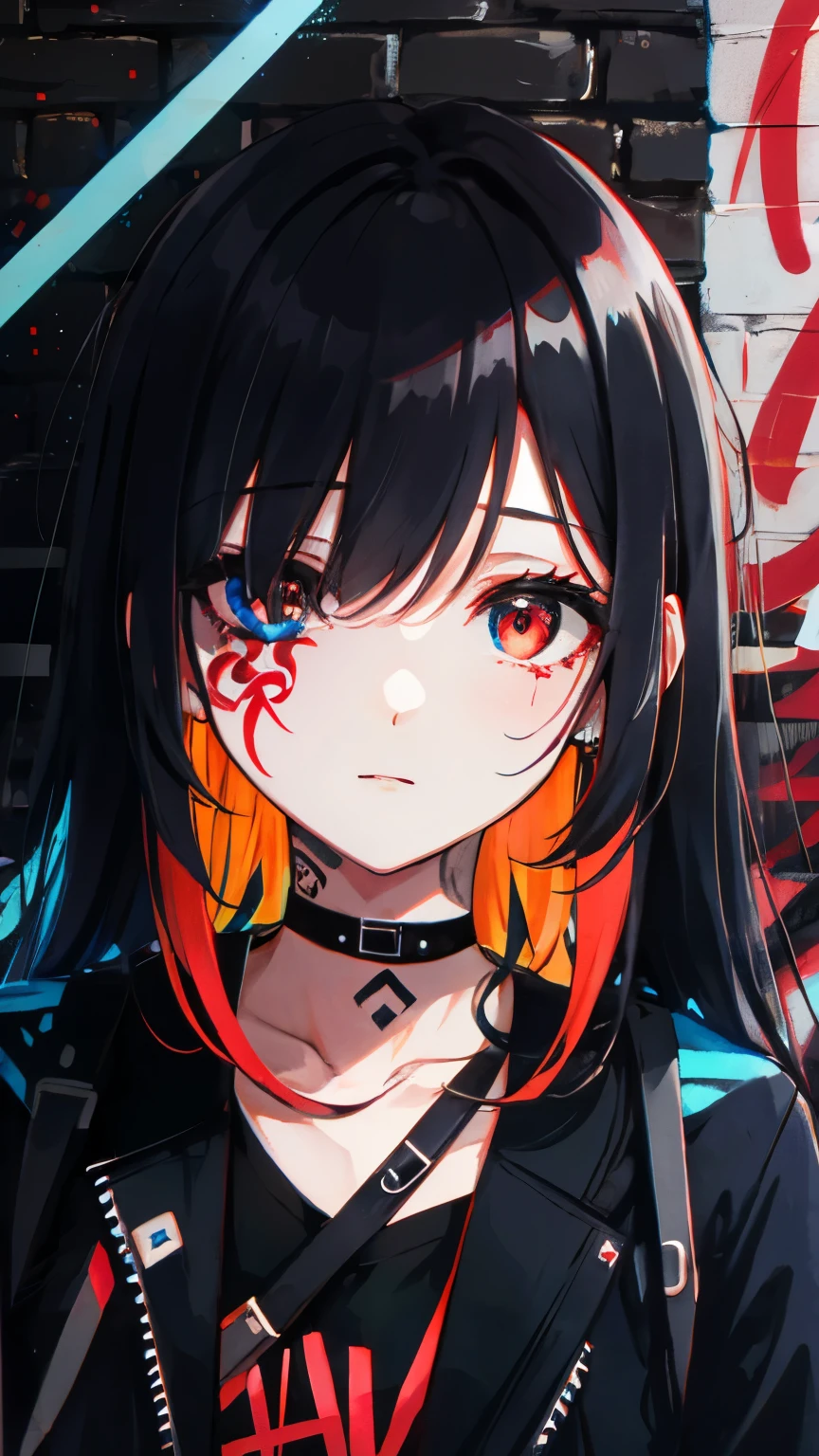 Highest quality, Intricate details, chromatic aberration, 1 girl, Long Hair, Black Hair, Messy Hair, Red highlights, Hair above one eye, Red eyes, Clear Eyes, choker, Neon Shirt, Torn legwear, Open jacket, Against the wall, Brick wall, graffiti, Shineing grafiti, Shineing tattoos, Shine, Neon Light, Black light,  