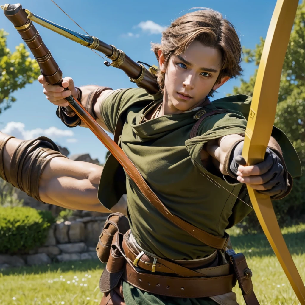 Male, handsome, young man, shota, light brown hair, brave, refreshing, sturdy, bow, holding a bow, looking ready to fire an arrow, aiming at the target, inspired by Robin Hood and Link from The Legend of Zelda, with an anime touch, against a blue sky