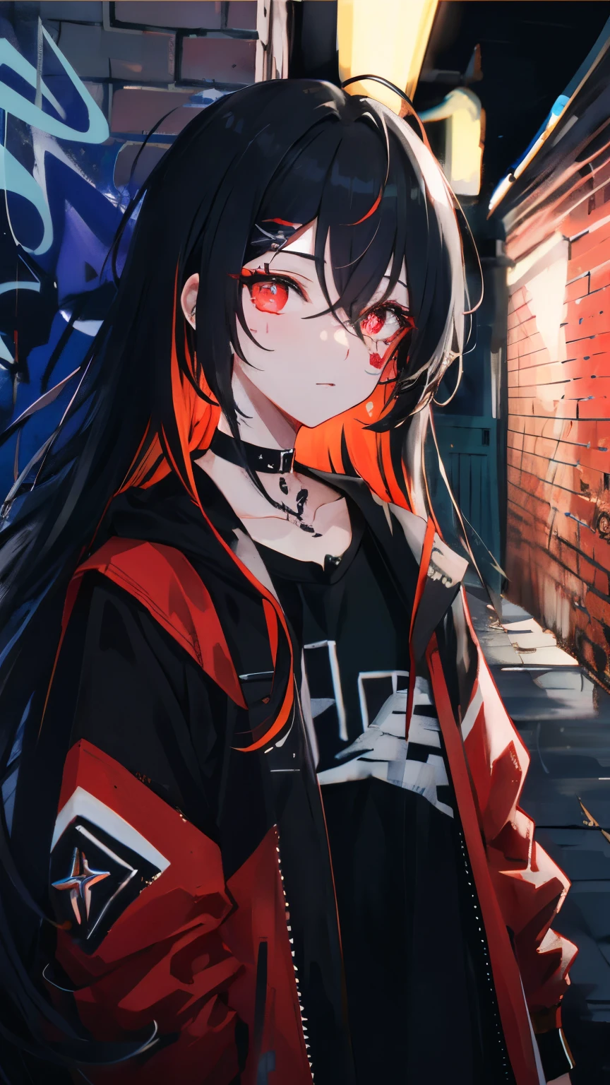 Highest quality, Intricate details, chromatic aberration, 1 girl, Long Hair, Black Hair, Messy Hair, Red highlights, Hair above one eye, Red eyes, Clear Eyes, choker, Neon Shirt, Torn legwear, Open jacket, Against the wall, Brick wall, graffiti, Shineing grafiti, Shineing tattoos, Shine, Neon Light, Black light,  