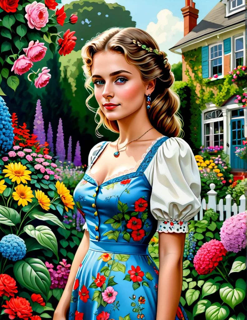A Portrait of a 24 yo Beautiful Woman [Elizabeth II:Maude Adams:0.45] donning Victorial Casual Dress, she is in her backyard garden with lush vibrant flowers, insanely detailed and intri garden, A Don Lawrence Style Illustration