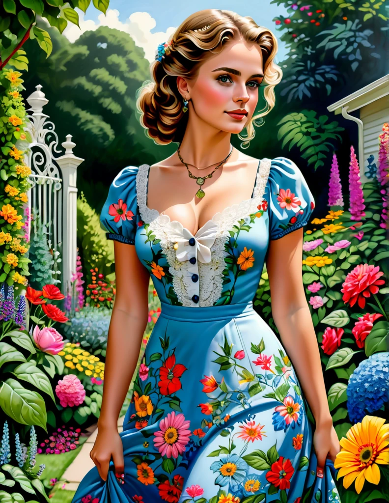 A Portrait of a 24 yo Beautiful Woman [Elizabeth II:Maude Adams:0.45] donning Victorial Casual Dress, she is in her backyard garden with lush vibrant flowers, insanely detailed and intri garden, A Don Lawrence Style Illustration