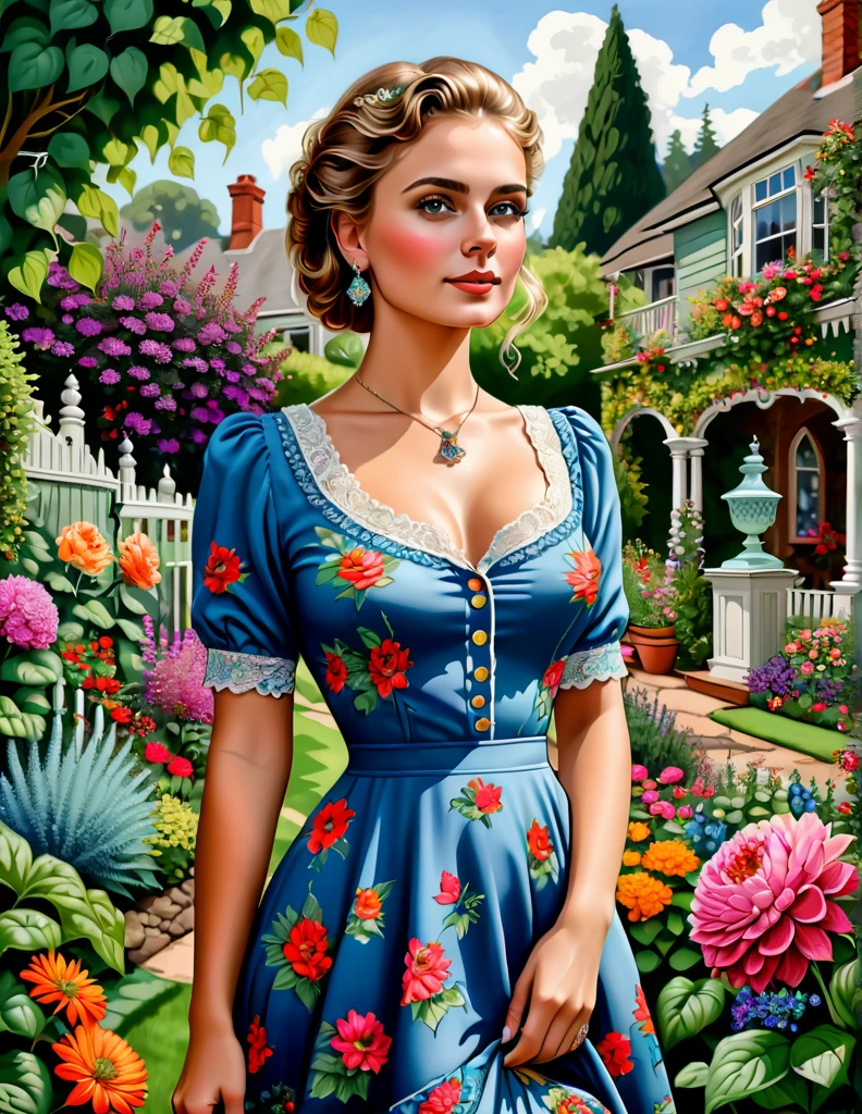 A Portrait of a 24 yo Beautiful Woman [Elizabeth II:Maude Adams:0.45] donning Victorial Casual Dress, she is in her backyard garden with lush vibrant flowers, insanely detailed and intri garden, A Don Lawrence Style Illustration