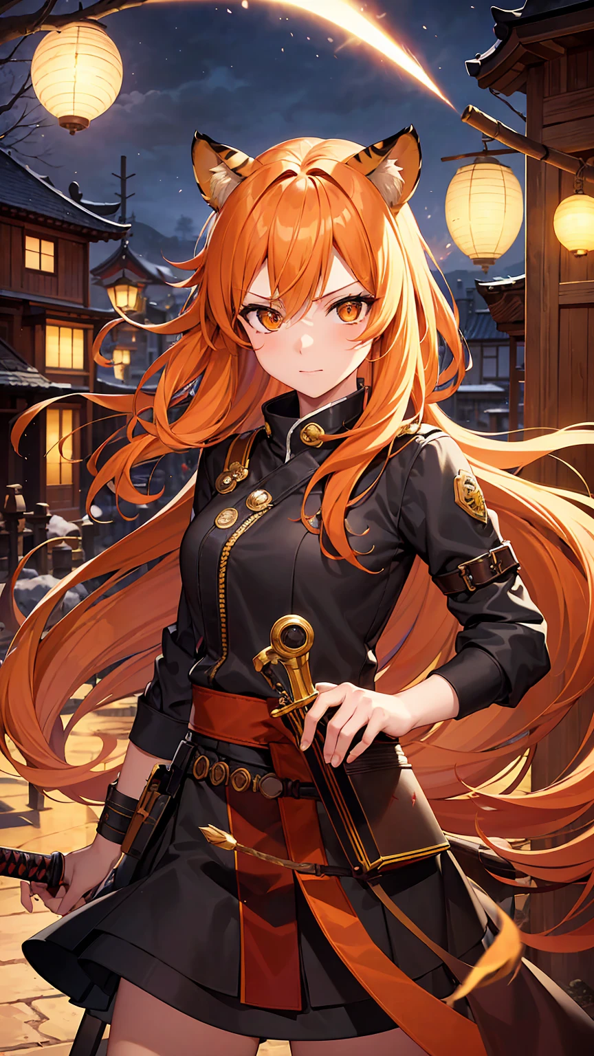 (masterpiece), best quality, expressive eyes, perfect face, details, solo, tiger girl, tiger tail, tiger ears, orange hair, long hair, bushy hair, orange eyes, assassin outfit, full mask, holding a sword, lightning sparks, spark of light, blood, halo, city, japan, village, cherry blossom trees, night, moon