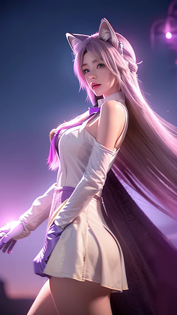 best quality,best quality, 1girl, solo, long hair, breasts, looking at viewer, blue eyes, skirt, blonde hair, gloves, dress, animal ears, bare shoulders, jewelry, medium breasts, earrings, parted lips, fox ears, fox tail, facial mark, multiple tails, whisker markings, purple gloves, pink gloves, ahri \(league of legends\)