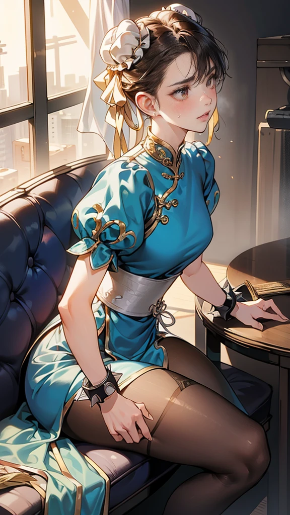 {{masterpiece}}, {{{Highest quality}}},{{Very detailed}},sf2 to,Chunli,Sitting in a chair in an office with a serious expression,profile,from side,Cowboy Shot,Focus on legs{{{Sitting in a chair in an office with a serious expression成熟した女性}}},{{疲労でSweatをかいている成人女性}},Sweat,Hold the arm with one hand ,sit,{{Blushing}},{{V-shaped eyebrows}},{{Blue clothes}}{{Blue clothes}},{{puffy short sleeve}},Brown leggings,Brown tights{{{Blue Chinese dress with gold lines}},{Bunhead}},{{ Brown pantyhose}},{椅子にsit}},{},, ,{{spike bracelet}},{{Tied Hair}},,{{Thin legs}},{{White belt}},,Slender body}}{{ blue pelvis curtain}}, White boots, sash,, ,,blush,Wrinkles ,amount,Grit your teeth,suffering,v-shaped eyebrows.,Sweat dripping,Medium chest ,get annoyed,,Inside the office,Bun Head