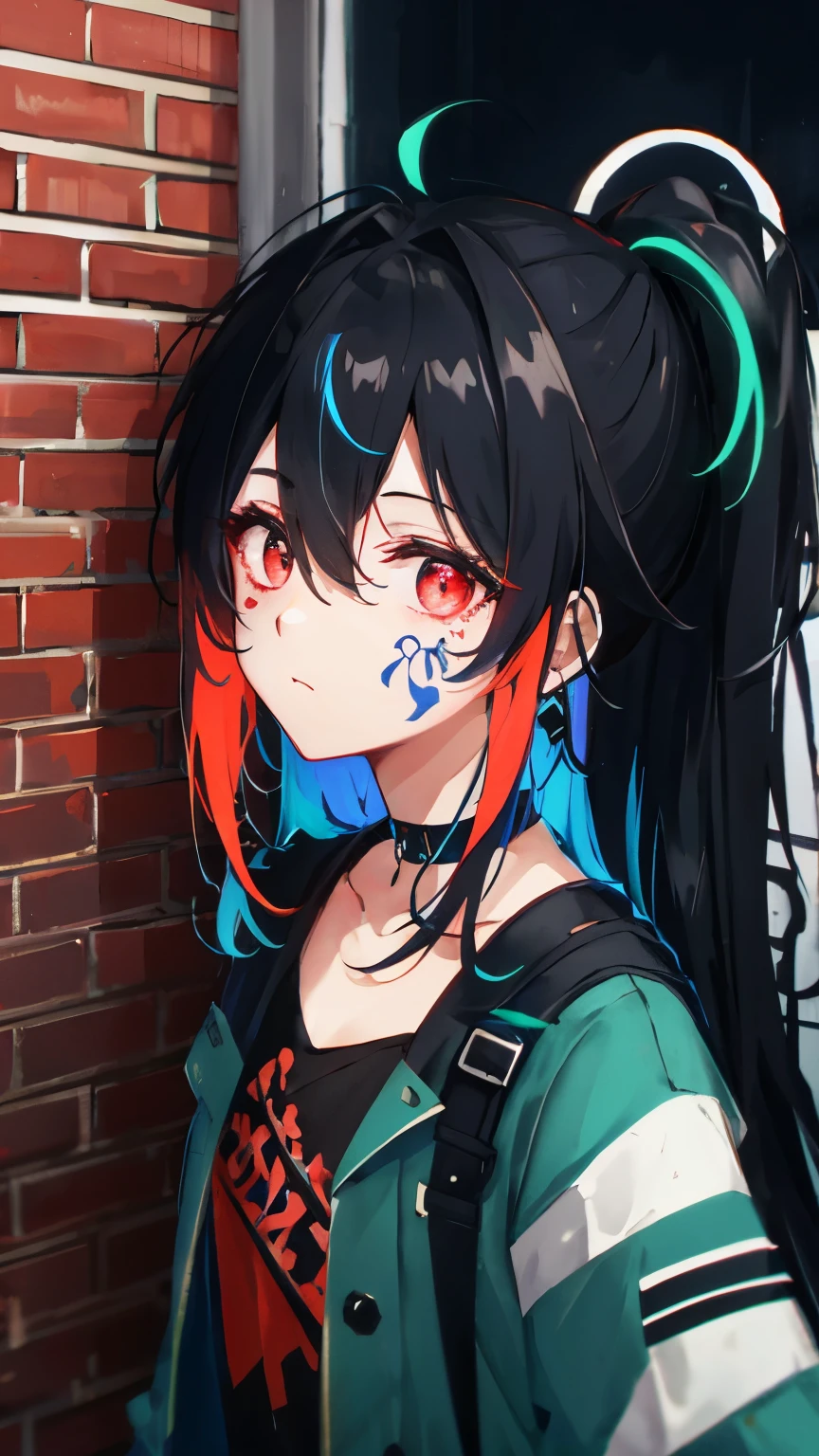 Highest quality, Intricate details, chromatic aberration, 1 girl, Long Hair, Black Hair, Messy Hair, Red highlights, Hair above one eye, Red eyes, Clear Eyes, choker, Neon Shirt, Torn legwear, Open jacket, Against the wall, Brick wall, graffiti, Shineing grafiti, Shineing tattoos, Shine, Neon Light, Black light,  