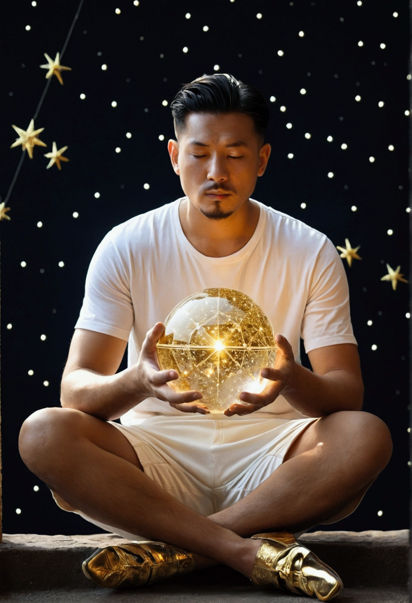 There is a man sitting on the constellation，Hold the magic crystal ball，Wearing a shirt embroidered with stitched gold thread and white shorts