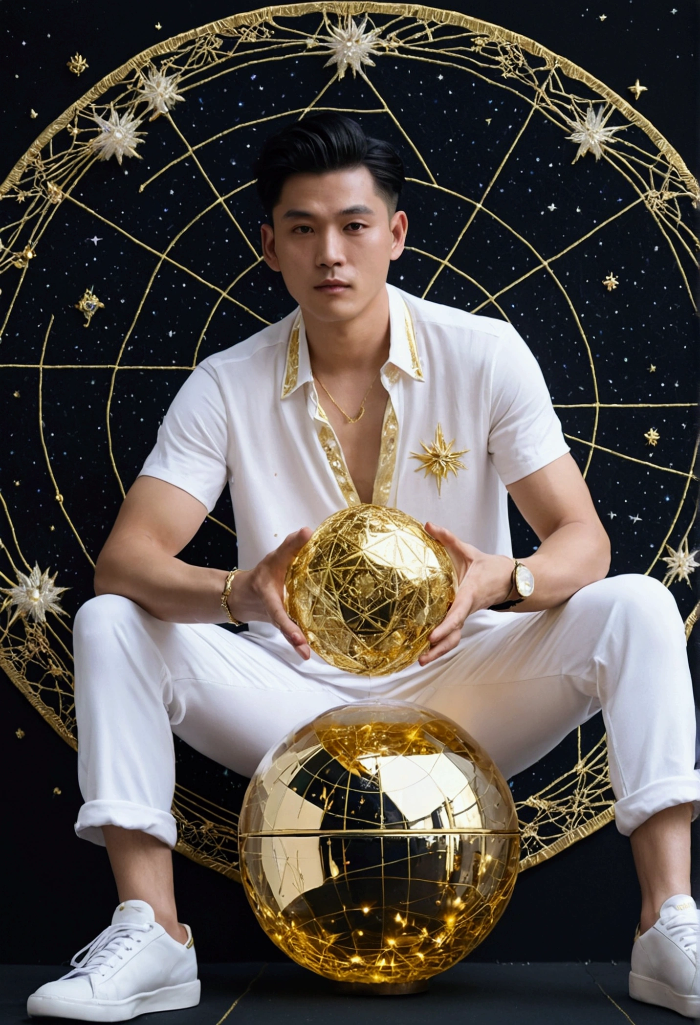 There is a man sitting on the constellation,Hold the magic crystal ball,Wearing a shirt embroidered with stitched gold thread and white shorts