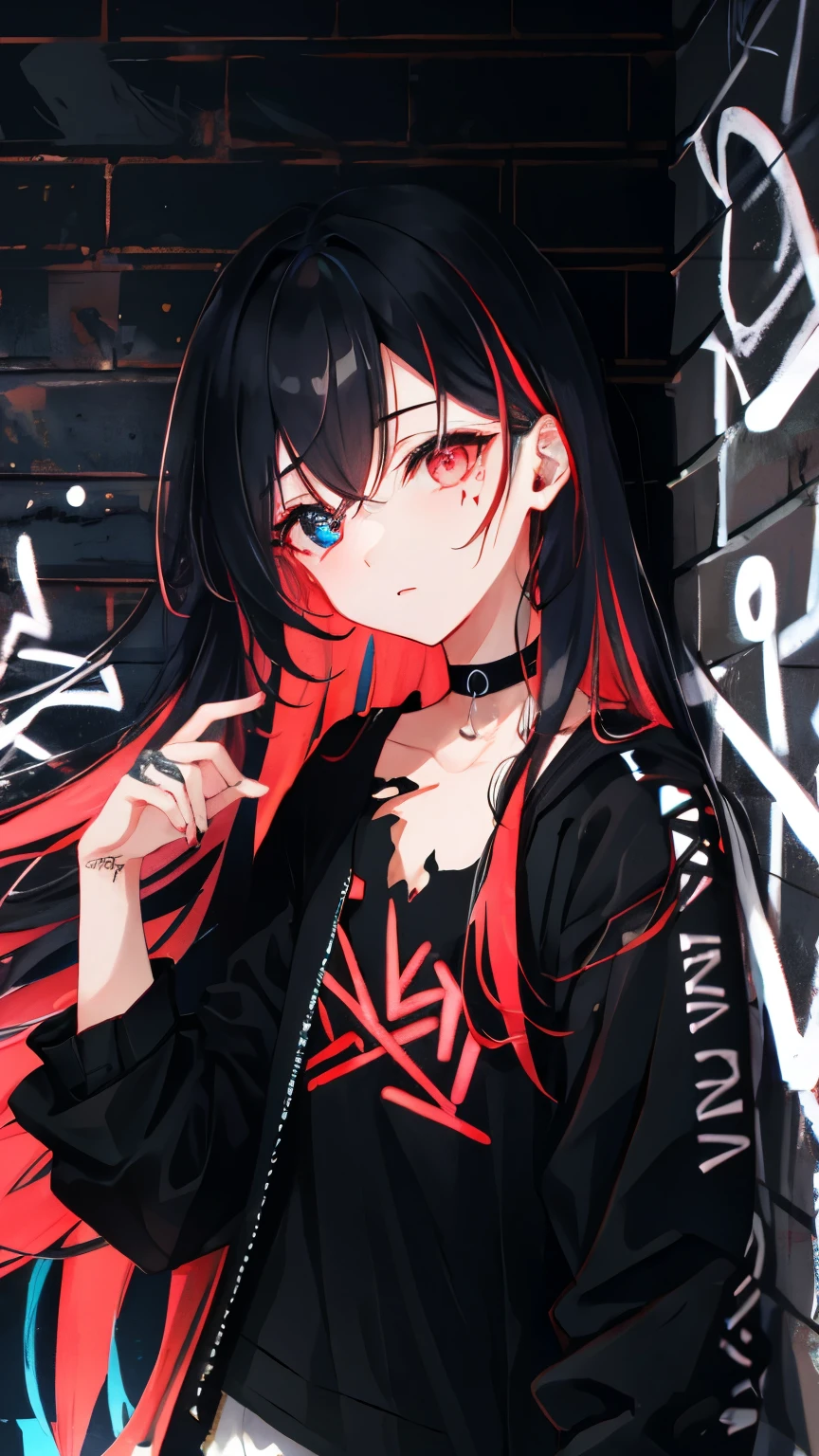 Highest quality, Intricate details, chromatic aberration, 1 girl, Long Hair, Black Hair, Messy Hair, Red highlights, Hair above one eye, Red eyes, Clear Eyes, choker, Neon Shirt, Torn legwear, Open jacket, Against the wall, Brick wall, graffiti, Shineing grafiti, Shineing tattoos, Shine, Neon Light, Black light,